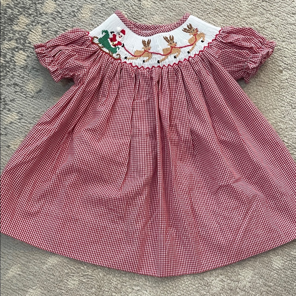 Red Gingham Smocked Dress with Reindeer Embroidery